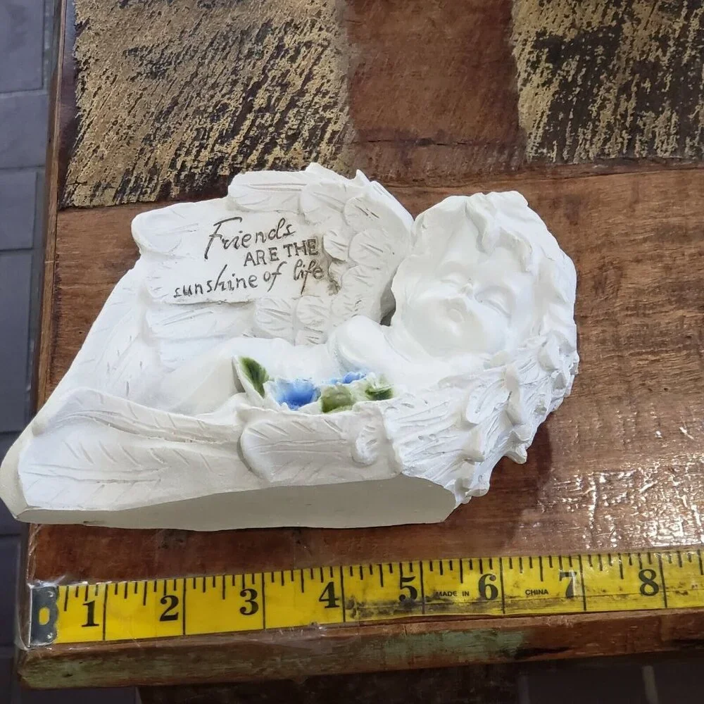 Set Of 2 White Sleeping Angel Cherub Figurines Wings Blue Flowers Friend Gift - Picture 8 of 9